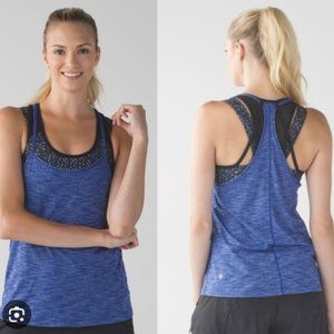 Lululemon Tough It Out Tank Heathered Sapphire Blue Butterfly Texture Black